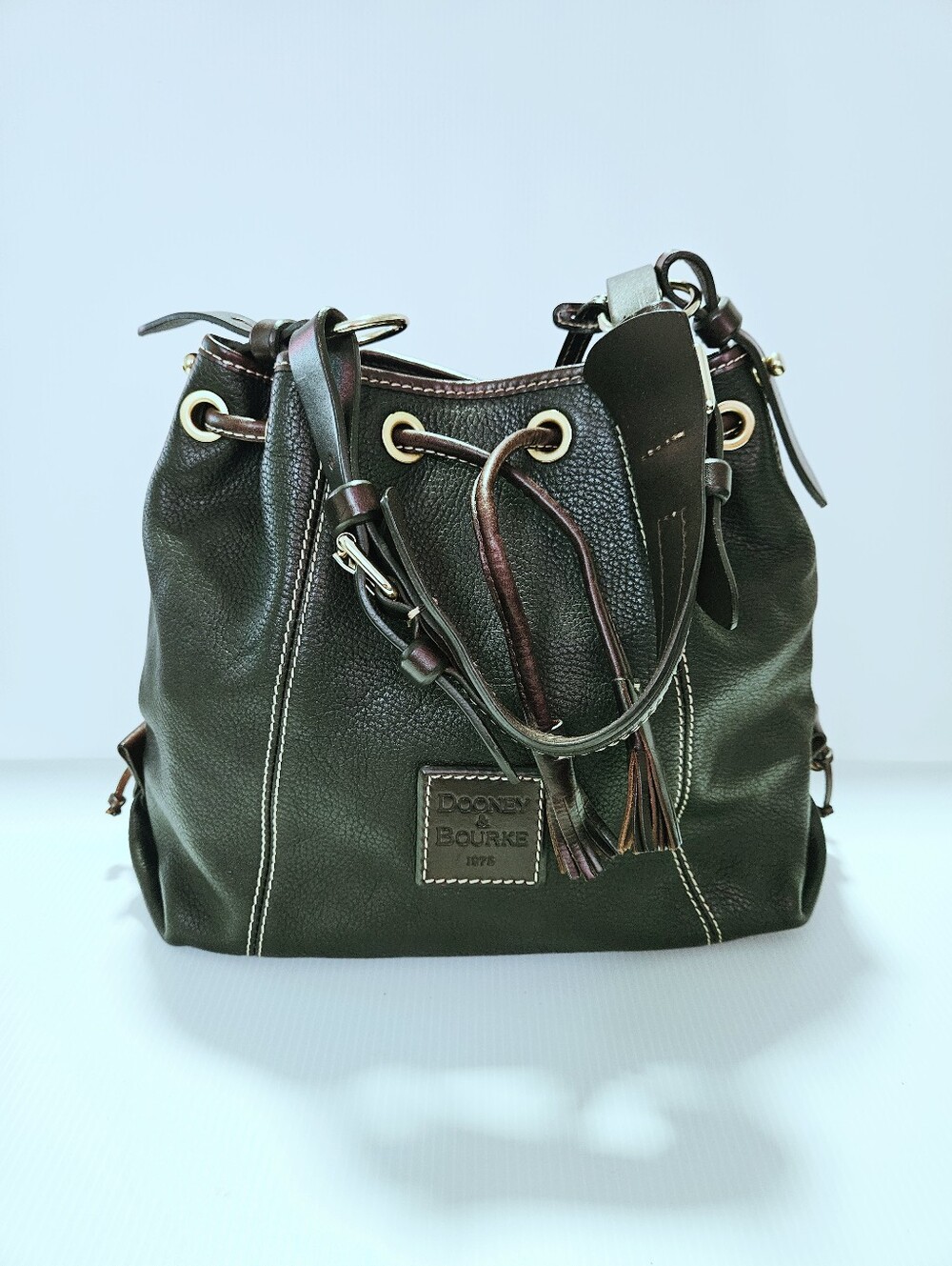 Dooney & Bourke Brown Pebbled Leather Drawstring Bucket Shoulder Bag